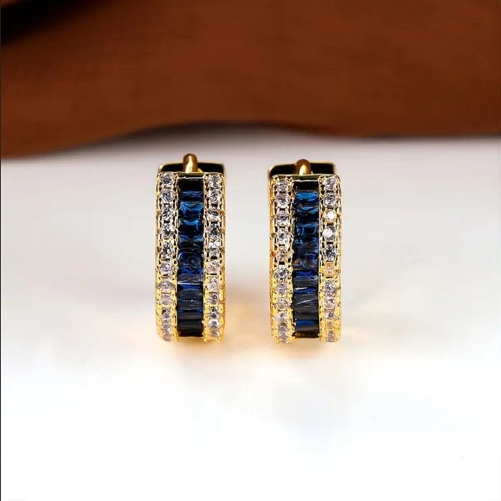 14K Gold Womens 1ct Blue Sapphire Gemstone 2ct Diamond Huggie Hoop Earrings 14 K - Picture 2 of 8